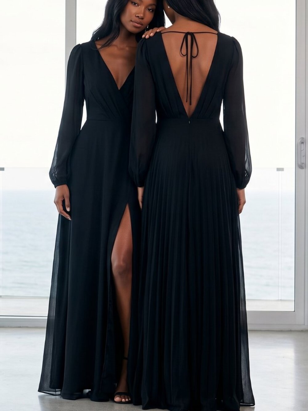 NWT LULU'S black maxi dress plunging v front and in back XL